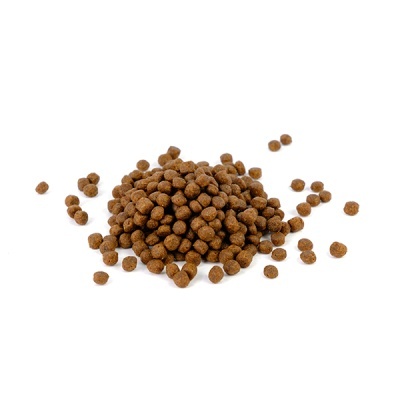 Ração para animais em bolinhas castanhas sobre fundo branco