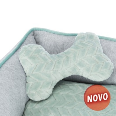 Cama para cão cinza claro e verde água com almofada em forma de osso e etiqueta NOVO