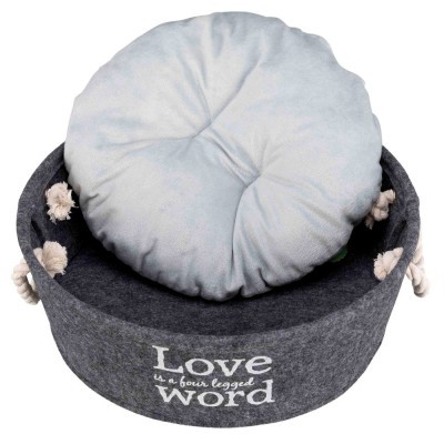 Cama redonda para animal em tecido cinzento com almofada azul e cordas brancas