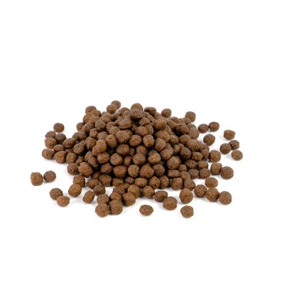 Grão de ração marrom em pequenas bolinhas sobre fundo branco