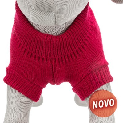 Roupa vermelha em malha para cão com etiqueta 'NOVO'
