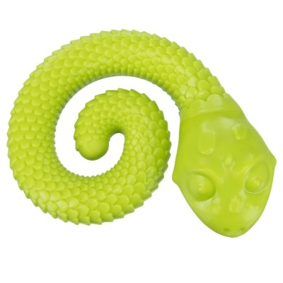 Brinquedo de cobra verde fluorescente com textura de escamas e rosto detalhado