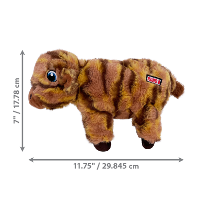 Pelúcia de animal listrado castanho com olhos azuis e etiqueta KONG