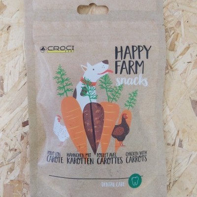 Embalagem de snacks caninos Happy Farm com ilustrações de cenouras e galinhas