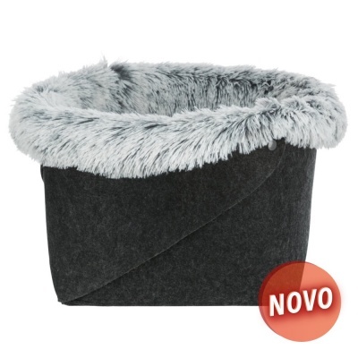 Cama oval para animais com pelo cinza claro e base cinza escuro marcada como 'NOVO'