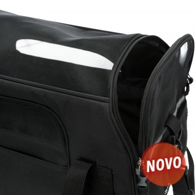 Bolsa preta de material têxtil com fecho e alças, etiqueta NOVO