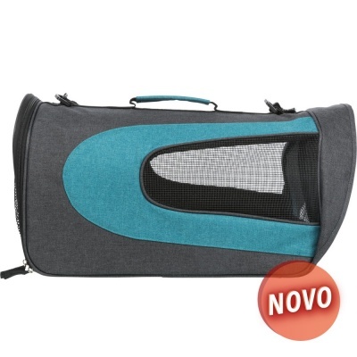 Transportadora para animais cinza e azul com janela de rede preta e selo vermelho NOVO