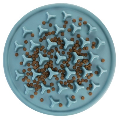 Prato redondo azul claro com relevo em Y e comida para animais