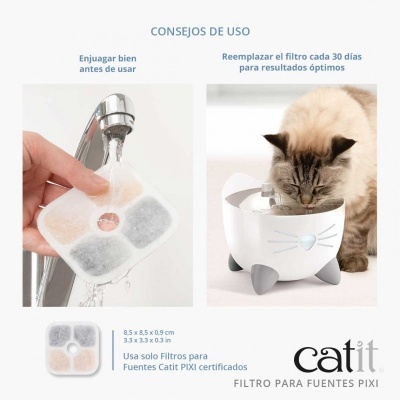 Filtro quadrado para fonte da marca Catit em uso, e gato a beber numa fonte em forma de gato