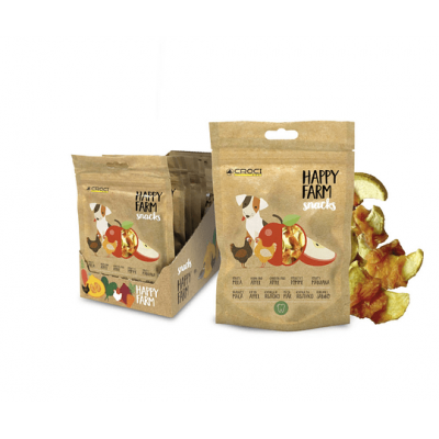 Pacote castanho de snacks para animais com ilustração de cão e texto HAPPY FARM snacks