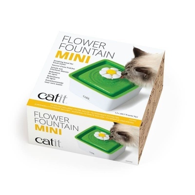 Embalagem da fonte para gatos Catit Flower Fountain Mini com imagem do produto e gato a beber