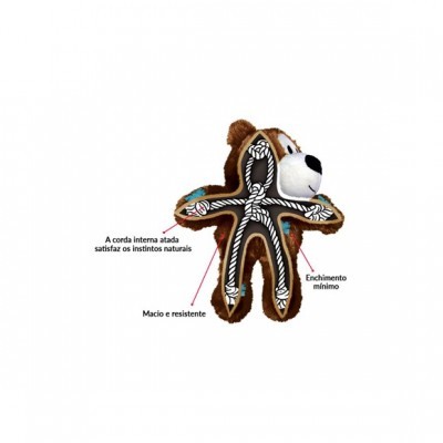 Brinquedo para cão em forma de urso com pelúcia castanha e interior de corda branca e preta