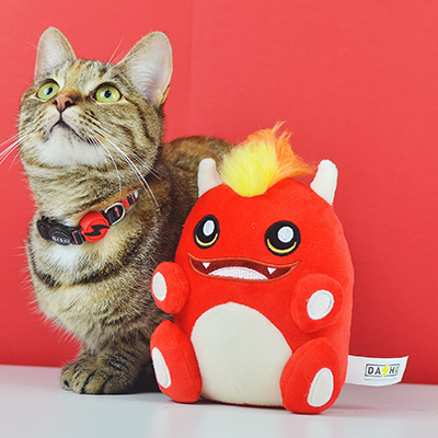 Gato listrado com coleira preta e vermelha ao lado de brinquedo de pelúcia vermelho sorridente