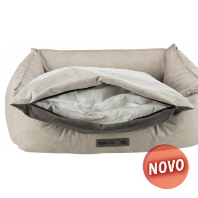Cama para animais de estimação bege com almofada interior branca e selo NOVO