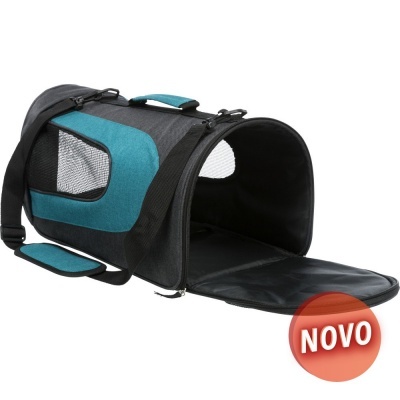 Transportadora para animais em tecido preto e azul com aberturas em rede e alça