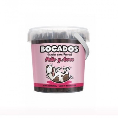 Frasco plástico com snacks para cães com rótulo cor-de-rosa e desenho de cão