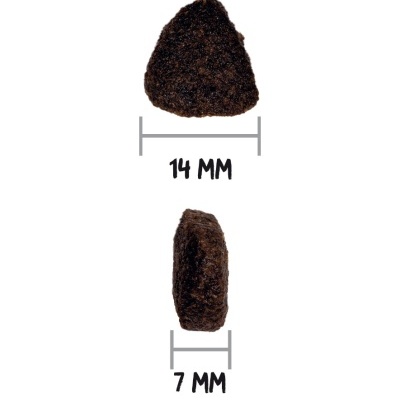 Dois objetos triangulares escuros com medidas 14 mm e 7 mm em fundo branco