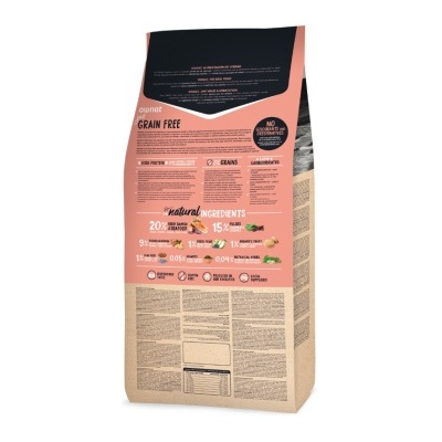 Embalagem de ração grain free cor rosa e preto com texto de ingredientes