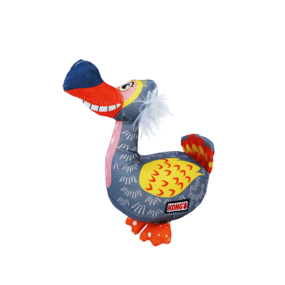 Brinquedo para cão em forma de pássaro colorido com bico e pés laranja