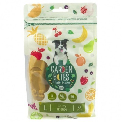 Embalagem de biscoitos para cães Garden Bites com desenho de frutas e cão.