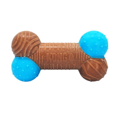 Brinquedo para cães castanho e azul em forma de osso com textura pontilhada e estriada