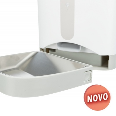 Dispensador branco com bandeja metálica prateada e etiqueta NOVO