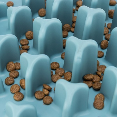 Base azul em silicone com elevações e pequenas pastilhas marrons entre elas