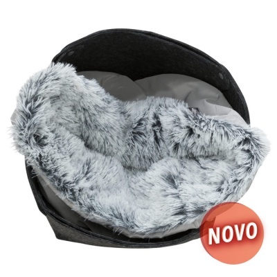 Cama para animais cinza com pelúcia interior e etiqueta 'NOVO'