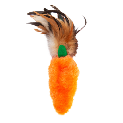 Brinquedo para gato felpudo laranja com penas coloridas no topo