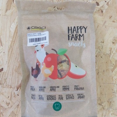 Saco de snacks para cães Happy Farm da Croci em embalagem de papel castanha com desenhos de animais e maçãs