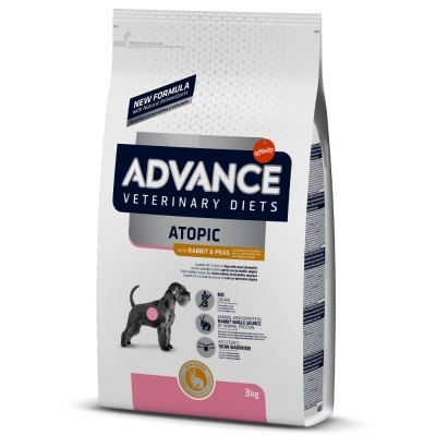 Saco de ração ADVANCE VETERINARY DIETS ATOPIC 3kg branco com imagem de cão preto.