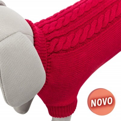 Camisola vermelha para cão em malha com padrão de tranças, em manequim cinza, selo NOVO