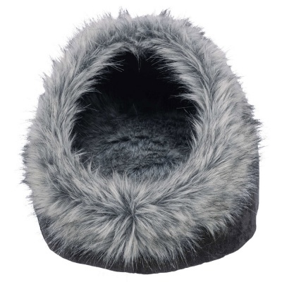 Cama de pelo sintético cinzento com base preta para animais