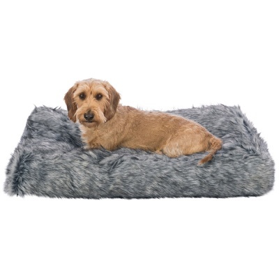 Cão castanho deitado em cama cinzenta felpuda para cães