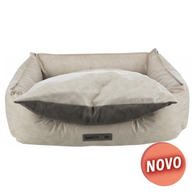 Cama para animais de tecido bege claro com almofada removível e etiqueta 'bonevital'