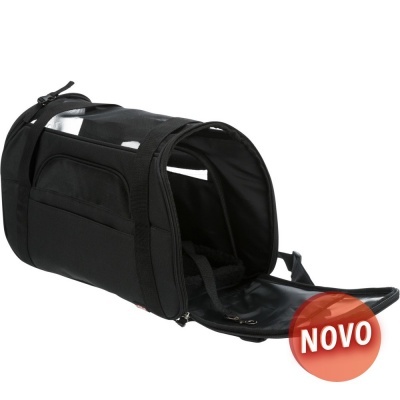Mala de transporte preta com abertura frontal e etiqueta NOVO