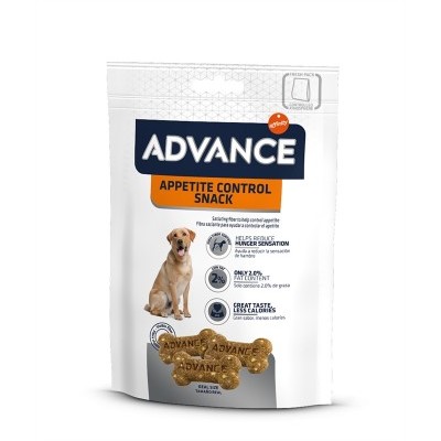 Embalagem branca de snacks para cão ADVANCE Appetite Control Snack com imagem de cão e petiscos
