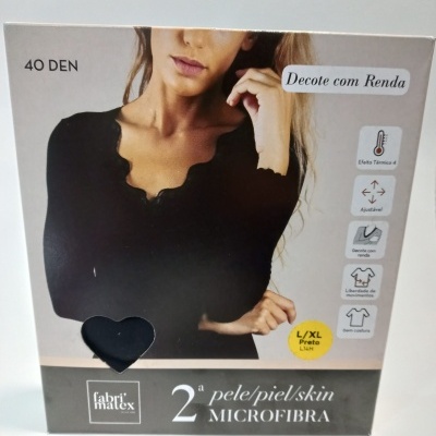 Camisola Segunda Pele com Decote em Renda 40DEN Cor Preto