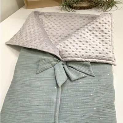 Manta Saco 2 em 1 - Verde pontos dourados e Cinza