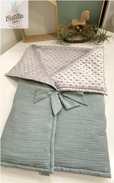 Manta Saco 2 em 1 - Verde pontos dourados e Cinza