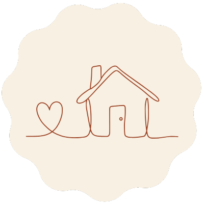 Desenho minimalista de casa com coração em linha contínua castanha sobre fundo bege