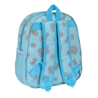 Mochila azul clara com padrão de flores e alças ajustáveis