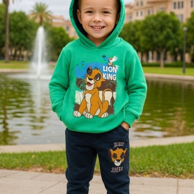 Criança com conjunto verde e azul LION KING em parque com lago e fonte