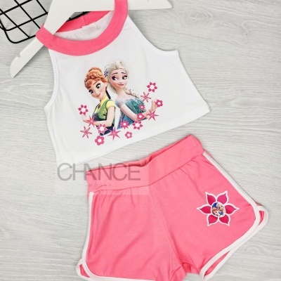 Conjunto infantil branco e rosa com personagens de Frozen e flores