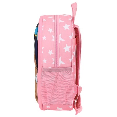 Mochila infantil rosa com estrelas brancas e bolso em rede lateral