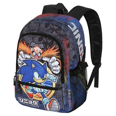 Mochila colorida com estampa do Sonic e Dr. Robotnik