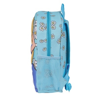 Mochila infantil azul clara com padrão de margaridas e bolso lateral em rede.