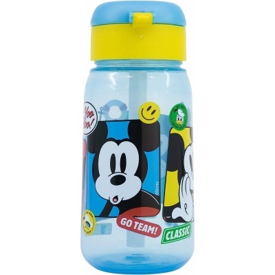 Garrafa de plástico azul com tampa azul e amarela e desenhos de personagens de desenho animado