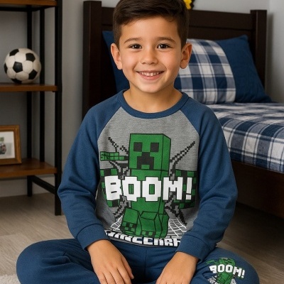 Criança de pijama Minecraft sentado no chão de quarto infantil com cama, urso de pelúcia, bola e espada decorativa