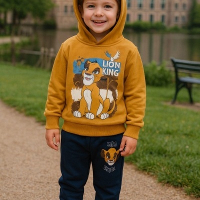 Criança com conjunto de roupa infantil Lion King em parque